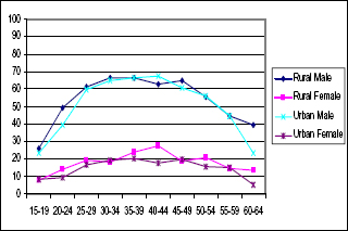 Employment rates over the life cycle for PWD (LHS)